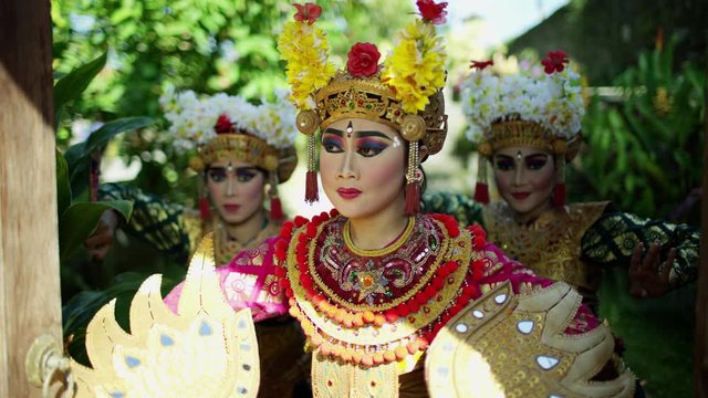 Portraits of three Legong Balinese dance performers Indonesia