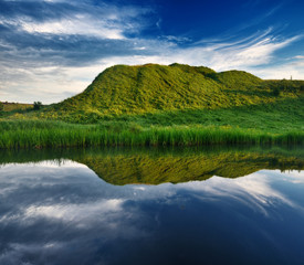 Fototapeta premium spring river. picturesque spring dawn. morning reflection