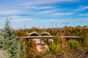 Skyline of Downtown Tulsa from the top on the south tunnel over Riverside Drive close to the...