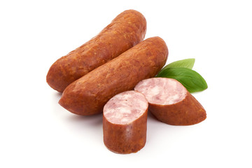 Pork Dried Sausages, smoked german sausage, isolated on white background