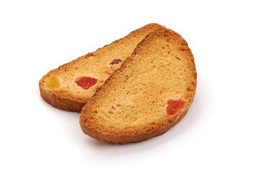 Freshly baked tasty crackers with dried fruits, isolated on white background
