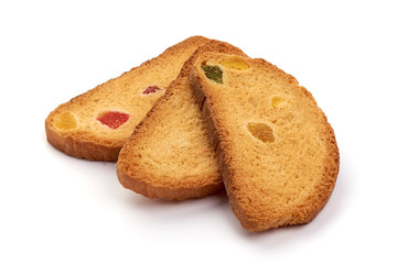Freshly baked tasty crackers with dried fruits, isolated on white background