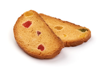 Freshly baked tasty crackers with dried fruits, isolated on white background