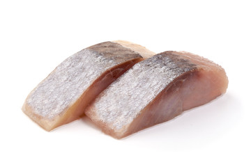Fresh sliced atlantic herring, isolated on white background