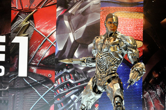 KUALA LUMPUR, MALAYSIA -MARCH 24, 2017: Action figures fictional character of CYBORG from DC movies and comic. Cyborg action figure toys in various size display for the public.