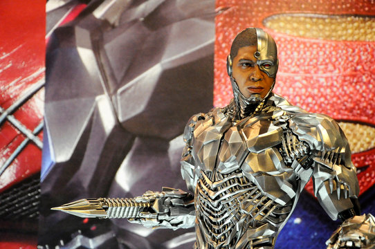 KUALA LUMPUR, MALAYSIA -MARCH 24, 2017: Action figures fictional character of CYBORG from DC movies and comic. Cyborg action figure toys in various size display for the public.