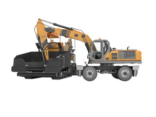 Construction road machinery loading wheeled excavator on an asphalt paver 3d rendering on white background no shadow