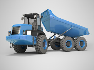 Construction machinery blue dump truck unloads from the trailer 3d rendering on gray background with shadow