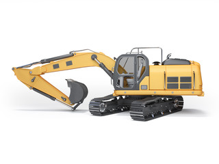 Construction machinery orange excavator with folded hydraulic shovel 3d rendering on white background with shadow