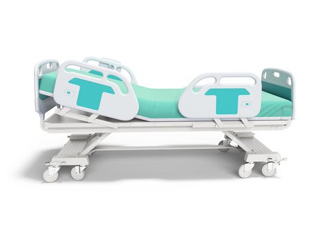 Turquoise hospital bed with lifting mechanism on an autonomous control panel right side view 3D render on white background with shadow