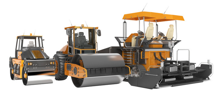 Concept paver large construction roller and small road roller 3d rendering on white background no shadow