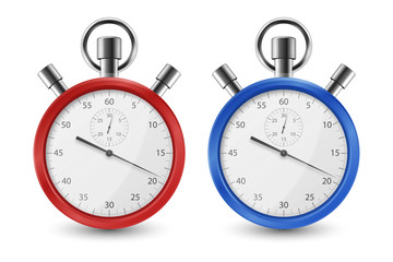 Realistic Red and Blue Classic Stopwatch Icon Set Closeup Isolated on White Background. Stop-watch Design Template. Sport Timer on Competitions. Start, finish, Time Management. Stock Vector