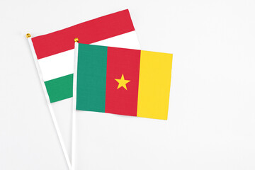 Cameroon and Hungary stick flags on white background. High quality fabric, miniature national flag. Peaceful global concept.White floor for copy space.