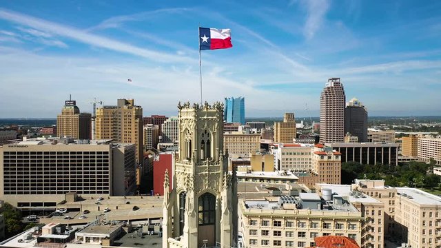 4K San Antonio Tx Texas State Flag Aerial Dolly Right Proud Patriotic Tourist
