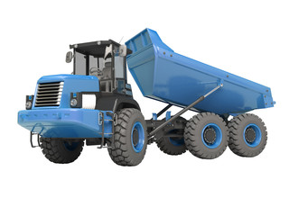 Construction machinery blue dump truck unloads from the trailer 3d rendering on white background no shadow