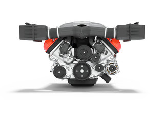 Engine for car assembly front view 3D render on white background with shadow
