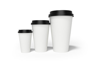 Paper cup with lid for coffee 3d rendering on white background with shadow