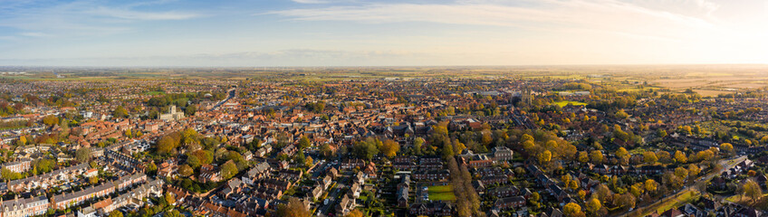 Aerial panoramic shot of Beverley town and Minster from the sky in November 2019 with beautiful autumn colours over the small market town in East Yorkshire, UK