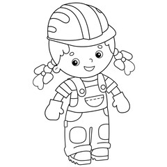 Coloring Page Outline of builder girl in hardhat. Profession. Coloring book for kids.