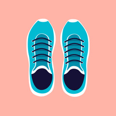 Sneakers top view in flat style. Sport shoes icon. Running shoes pair. Vector illustration isolated on pink background. 