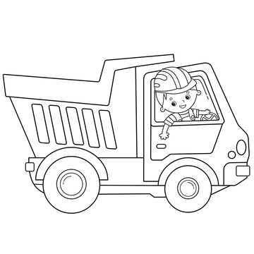 Coloring Page Outline Of cartoon lorry or dump truck. Construction vehicles. Coloring book for kids.