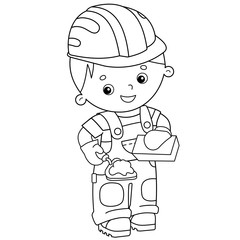 Coloring Page Outline of cartoon builder with handcart. Profession. Coloring book for kids.