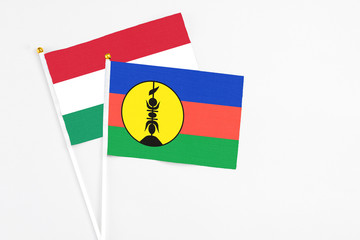 New Caledonia and Hungary stick flags on white background. High quality fabric, miniature national flag. Peaceful global concept.White floor for copy space.