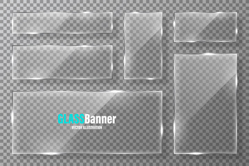 Glass frames collection. Realistic transparent glass banner with glare. Vector design element.
