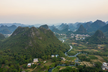 Fototapeta na wymiar Drone Sunset View of Guilin, Li River and Karst mountains, Guilin city, Guangxi, province, China
