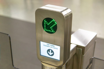 Toronto TTC Metrolinx Presto machines at a busy Bloor and Yonge station.  A contactless smart card...