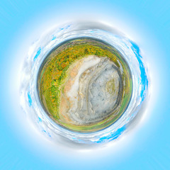 Green tiny planet with ecologic disaster. 360 degrees aerial panorama of stone quarry in rainforest. Climate change concept. Endangereds ecosystems on Earth.