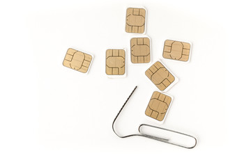 cell phone or tablet SIM cards  also known as subscriber identity module  isolated on white