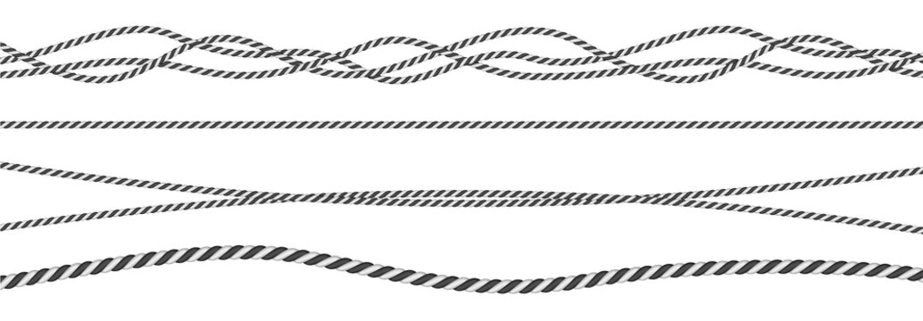 Black And White Twisted And Straight Rope Set. Modern Vector Design Elements.