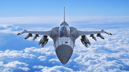 Fototapety  Samolot myśliwski w locie, samoloty wojskowe, samolot wojskowy lecący na niebie z chmurami, widok z przodu z góry, renderowanie 3D