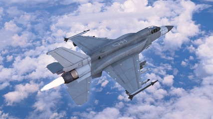 Fighter jet plane in flight, military aircraft, army airplane flying in sky with clouds, top view, 3D rendering
