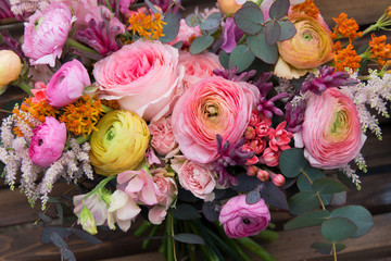 Floral, flowers background. Wedding expensive pink yellow bouquet with roses flowers close up