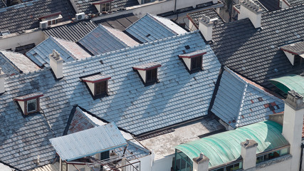 Aerial view on the old city houses made of bricks and ceramic roofs, Shanghai old town, traditional...