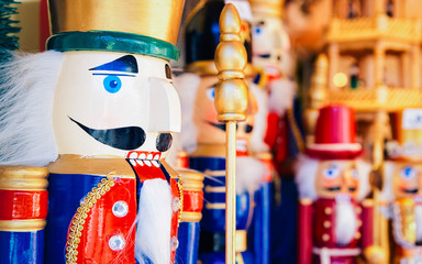 Nutcrackers at Christmas Market at Alexanderplatz in Winter Berlin, Germany. Advent Fair Decoration and Stalls with Crafts Items, on Bazaar. German street Xmas holiday fair