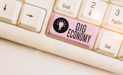 Text sign showing Gig Economy. Business photo showcasing free market system in which temporary...