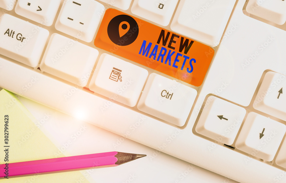 Poster word writing text new markets. business photo showcasing market where the end product or service is 