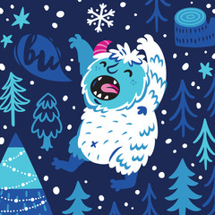 Cartoon bigfoot or yeti growls in the forest. Fantasy vector art