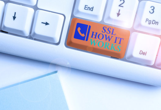 Text sign showing Ssl How It Works. Business photo showcasing session key is used to encrypt all transmitted data White pc keyboard with empty note paper above white background key copy space
