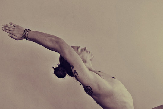 Artistic Black And White Art Photo Of Man In Yoga Asana Photography. 