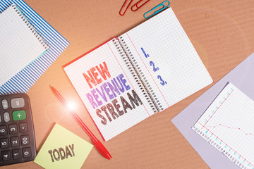 Handwriting text New Revenue Stream. Conceptual photo Additional Enhanced Source of Income Improved Approach Striped paperboard notebook cardboard office study supplies chart paper
