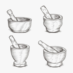 Mortar And Pestle Medical Pharmacy Hand Drawing Engraved - obrazy, fototapety, plakaty