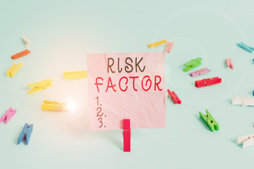 Handwriting text Risk Factor. Conceptual photo a condition behavior or other factor that increases danger Colored clothespin rectangle square shaped paper light blue background