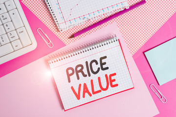 Writing note showing Price Value. Business concept for the price of a product based on what customers think or valued Writing equipments and computer stuffs placed above colored plain table
