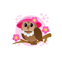Illustration of Owl  Wearing A Hat Cartoon, Cute Funny Character with, Flat Design