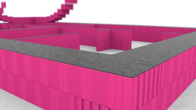 3D abstract animation of the house deinstallation process from the basement. Stock footage. Colorful blocks disconnecting and flying out in different directions.