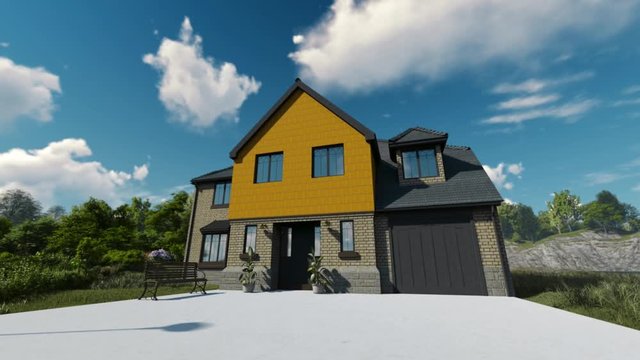 Abstract animation 3d house project and surrounding area. Stock footage. 3d house building concept